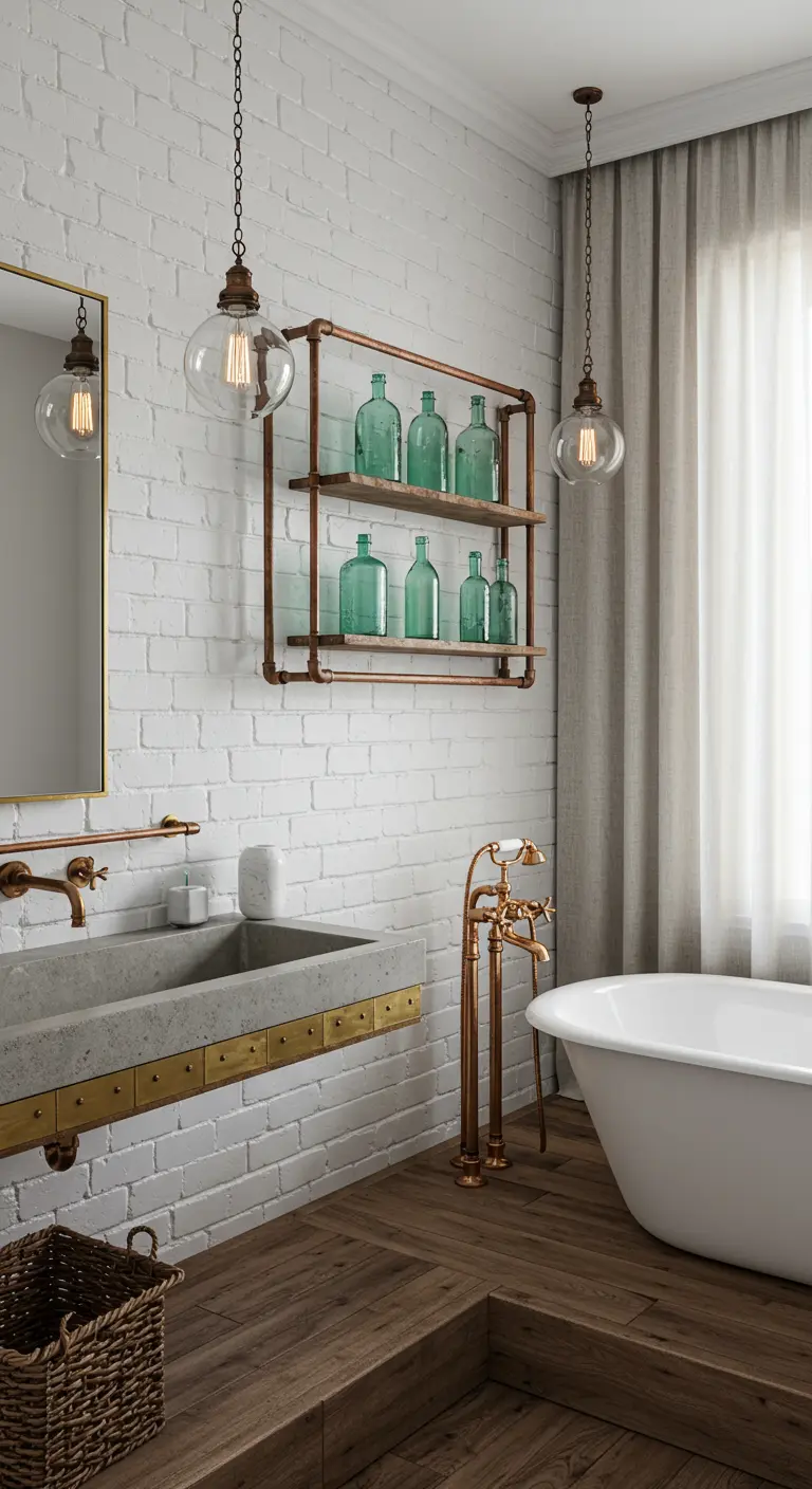 A bathroom with a concrete sink detailed with brass studs, paired with a freestanding tub.