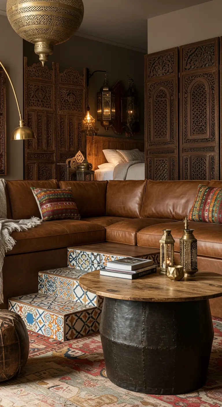 Bohemian living room with a leather sectional and steps decorated with colorful patterned tiles.