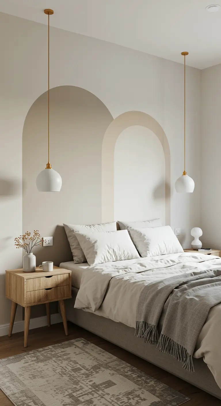 Two overlapping painted arches in neutral tones behind a bed.
