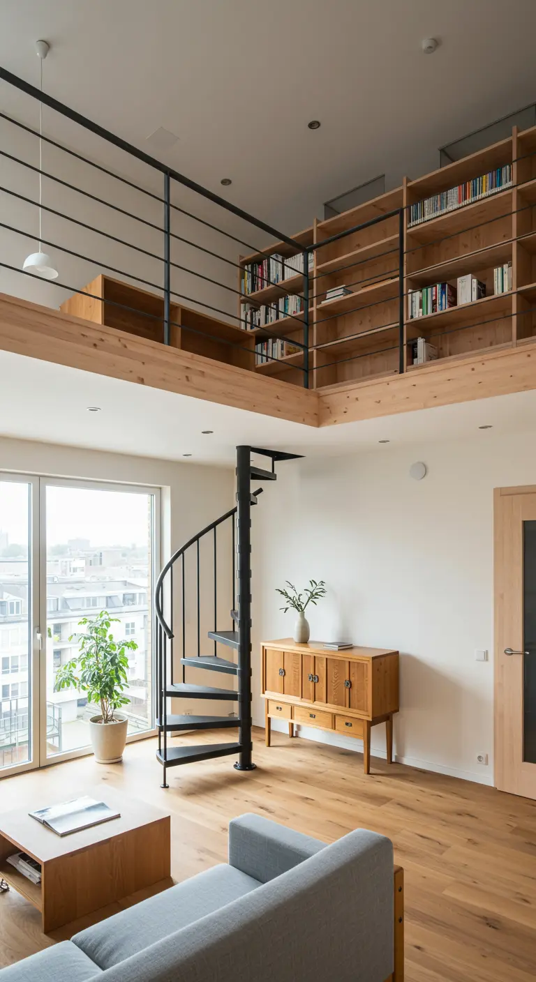 A black spiral staircase leading to a loft with extensive built-in bookshelves.