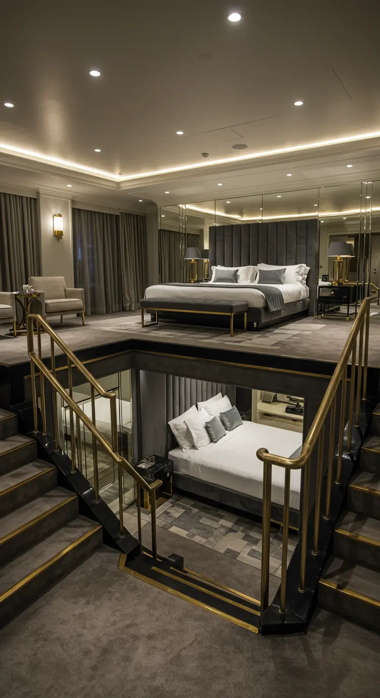 A luxurious, split-level bedroom with the bed on a raised platform and a lower seating area.