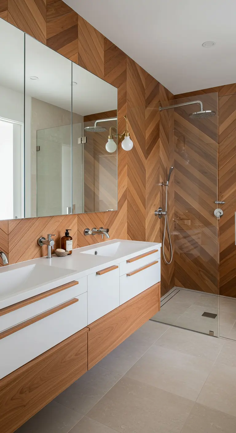 Bathroom with chevron-patterned wood walls and a matching floating vanity.