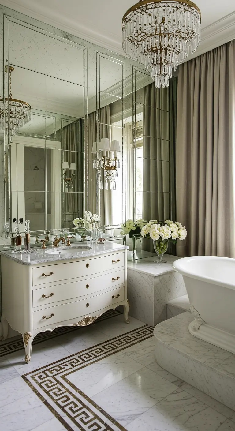 Elegant bathroom with a Greek key marble floor inlay and an ornate white vanity.