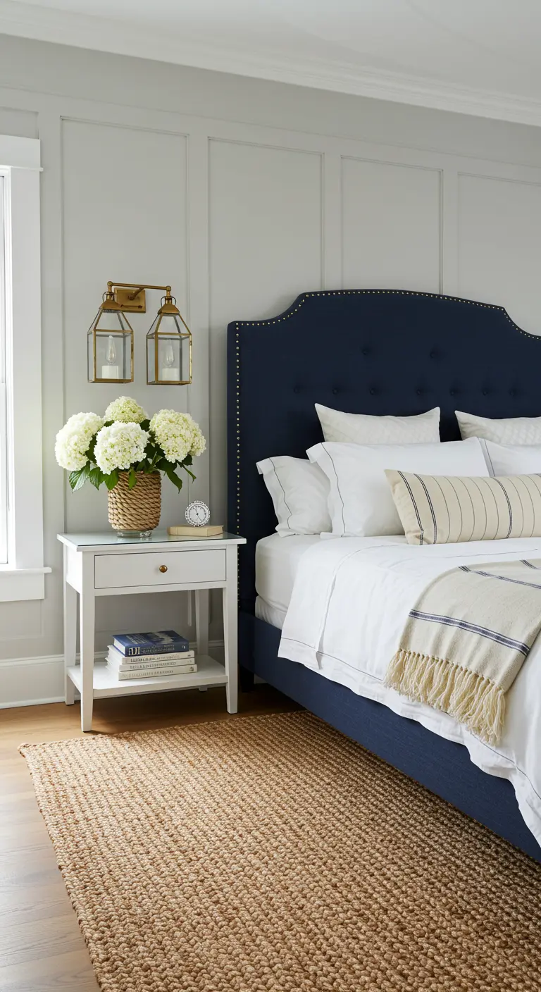 Elegant bedroom with gray paneled walls, a navy upholstered headboard, and brass lantern sconces.