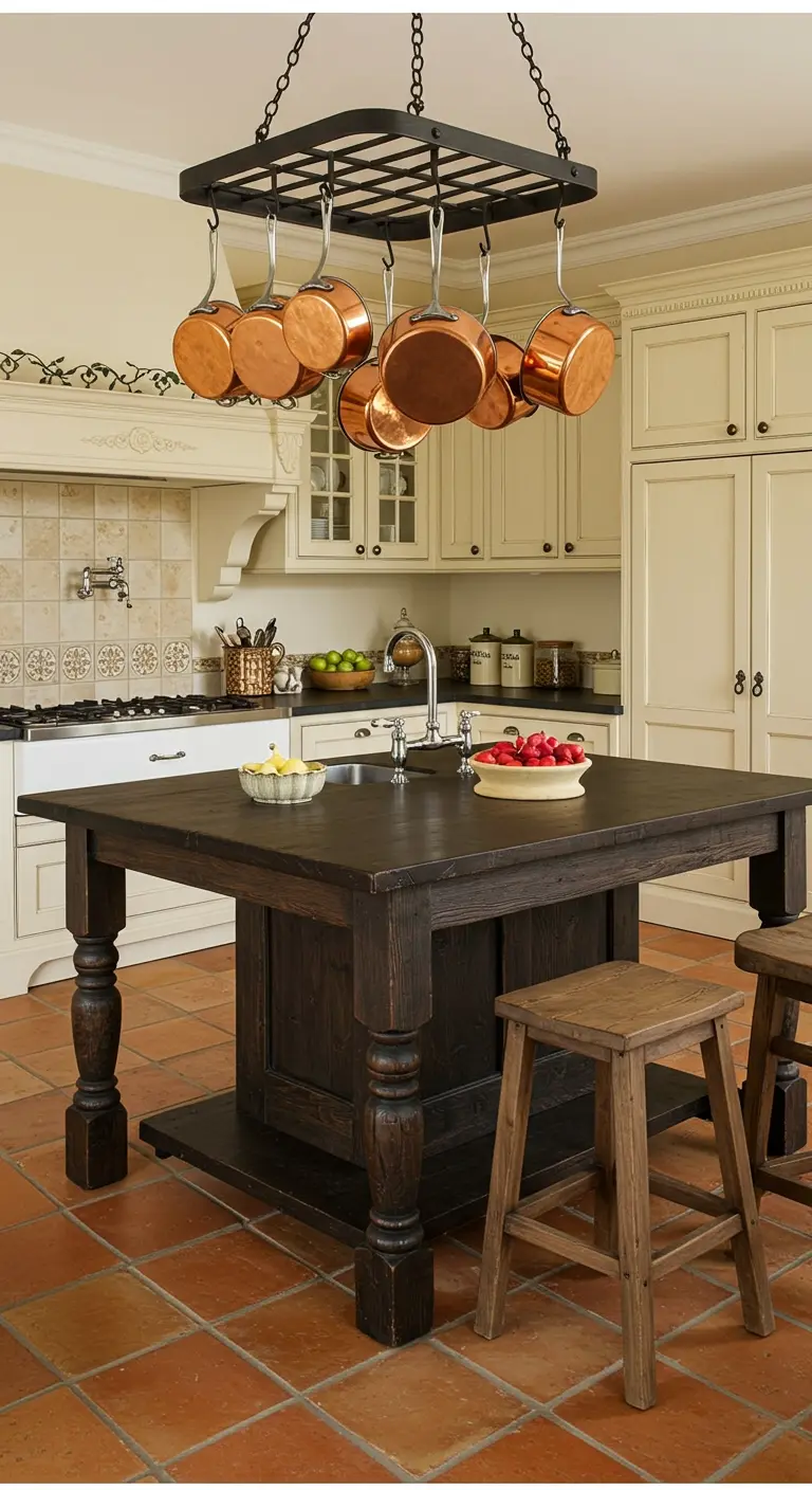 Dark wood island in a kitchen with a hanging copper pot rack and terracotta tile floors.