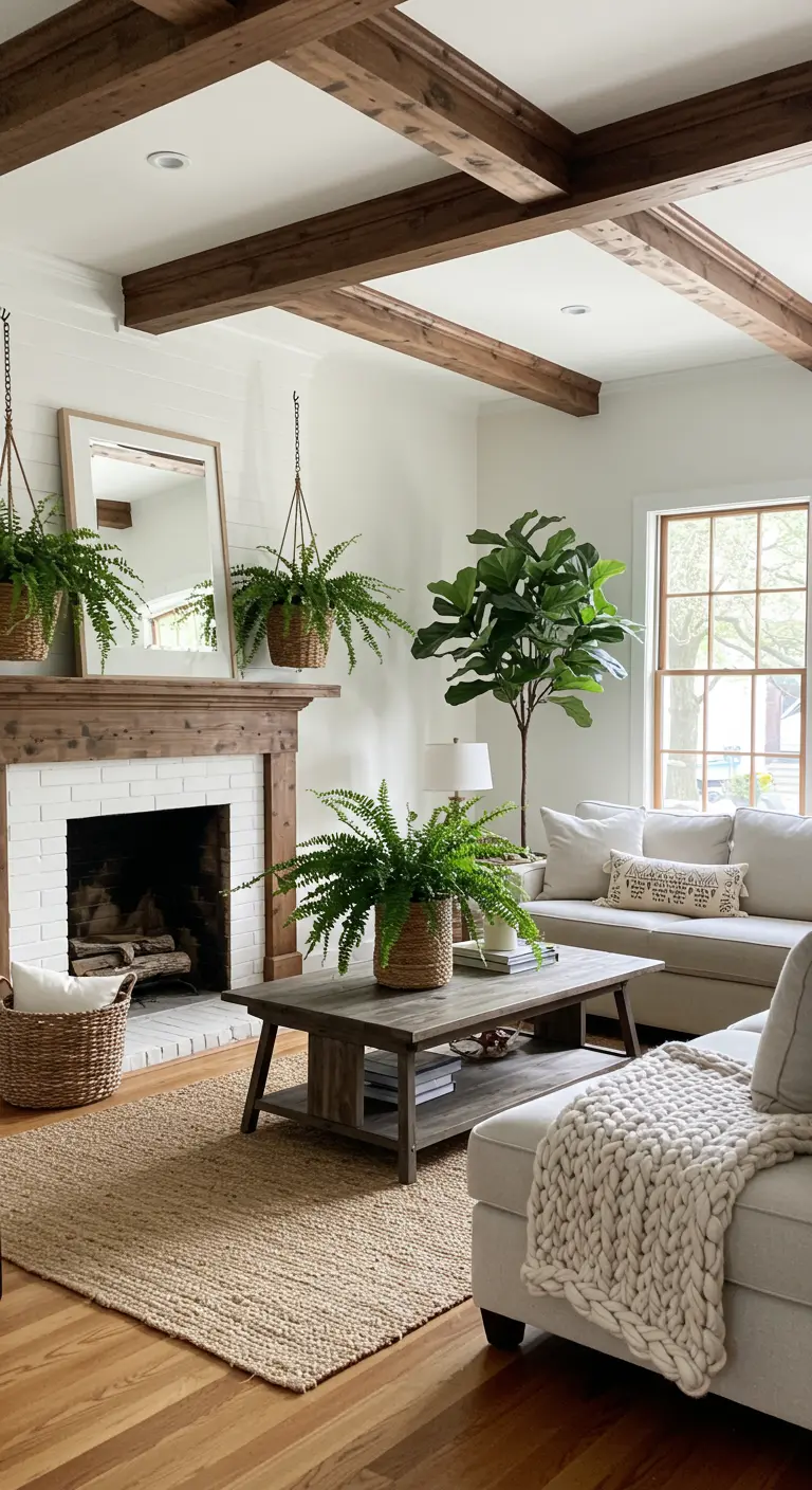 A modern farmhouse living room with hanging ferns flanking a brick fireplace and exposed wood beams.