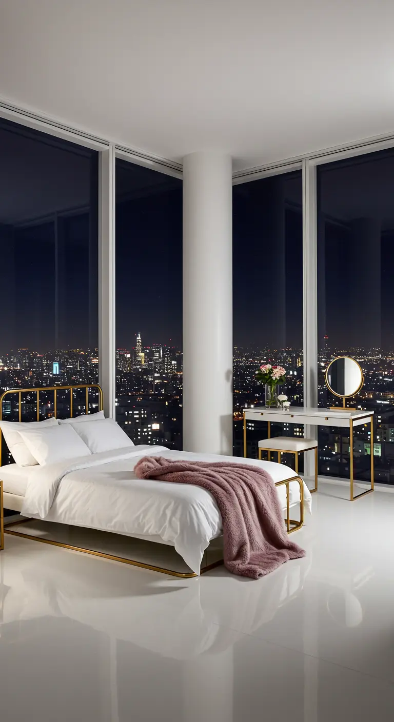 A glamorous high-rise bedroom with a gold bed frame, a white vanity, and a city view.