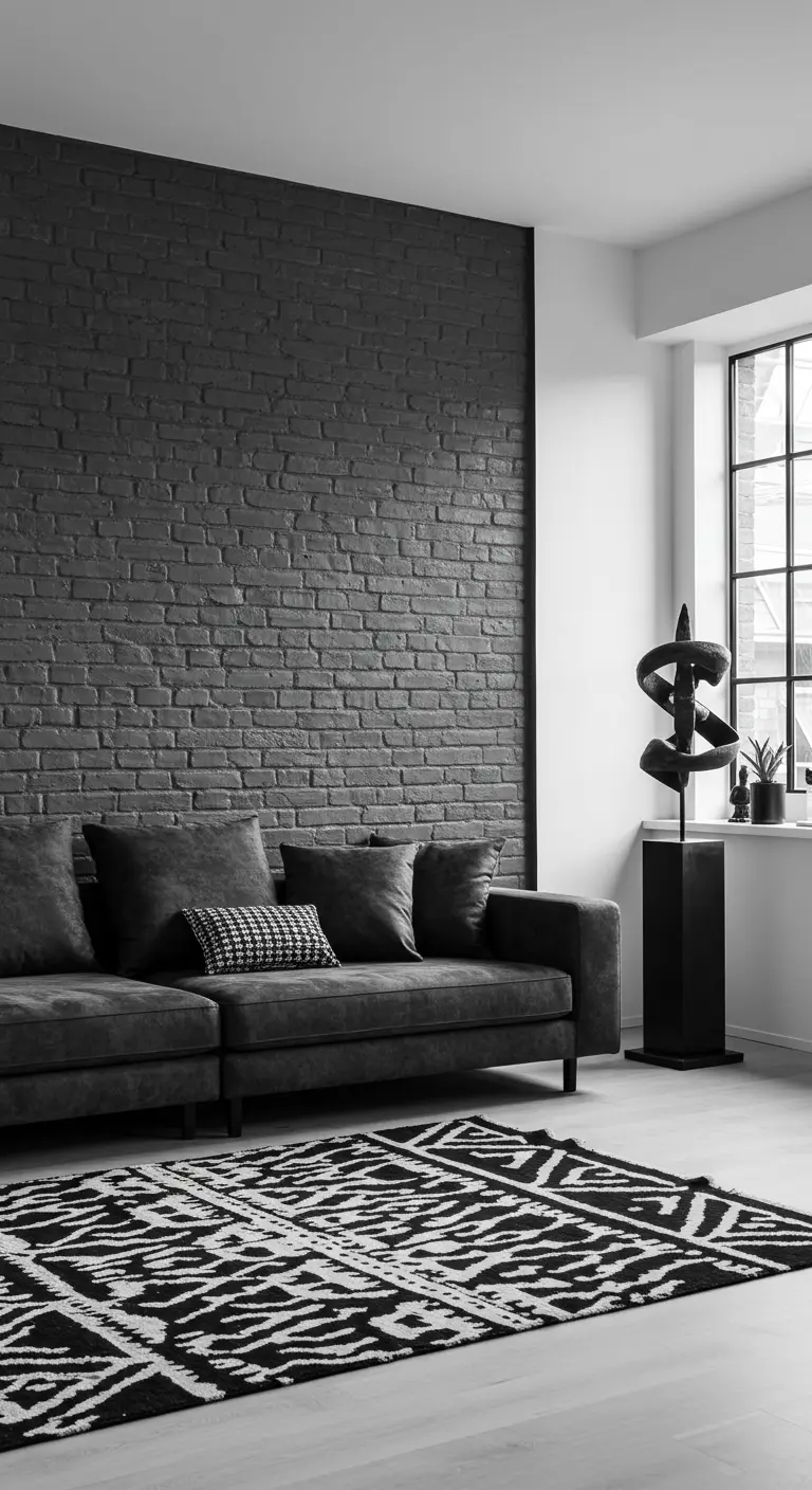 A bold black-and-white graphic area rug in a room with a black brick wall and grey sofa.