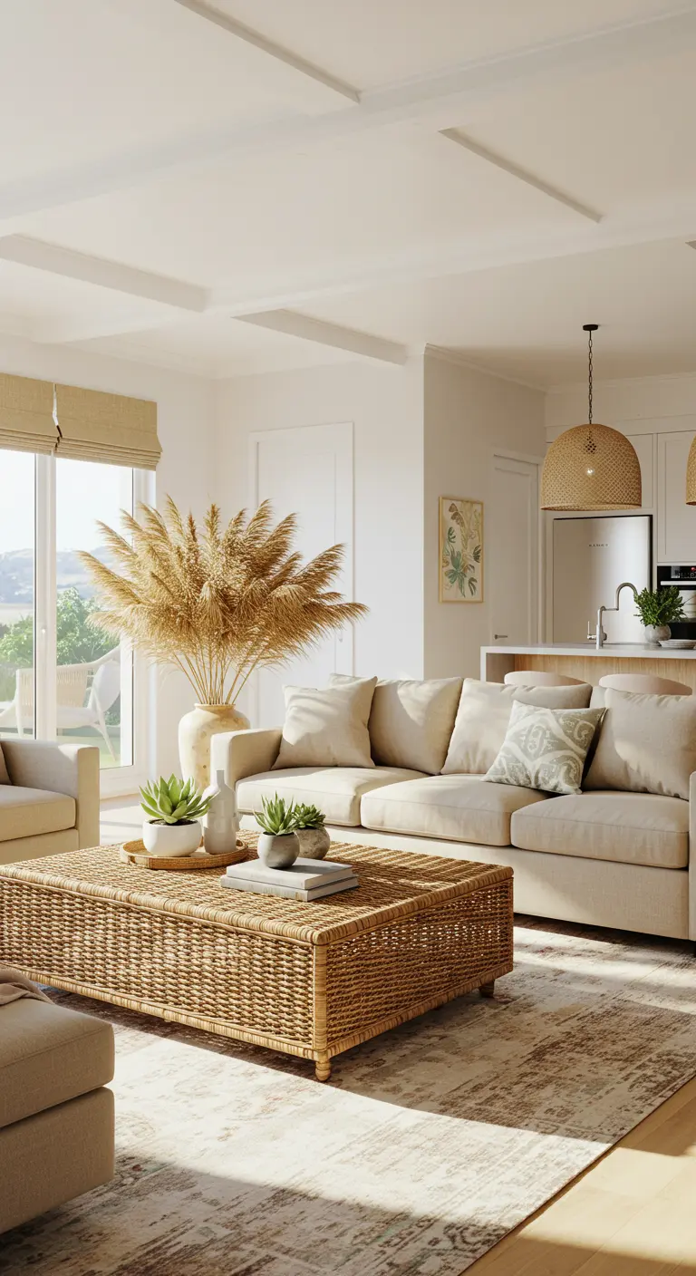 Neutral living room with a large woven coffee table and a tall vase of pampas grass.