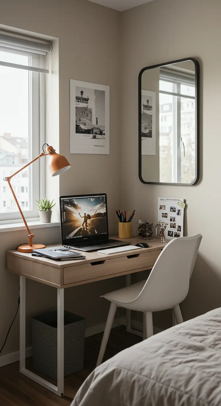 A vertical mirror with a black frame hung next to a small desk by a window.