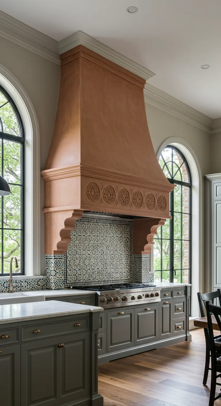 Kitchen with an ornate terra cotta range hood, mosaic tile, and arched windows.