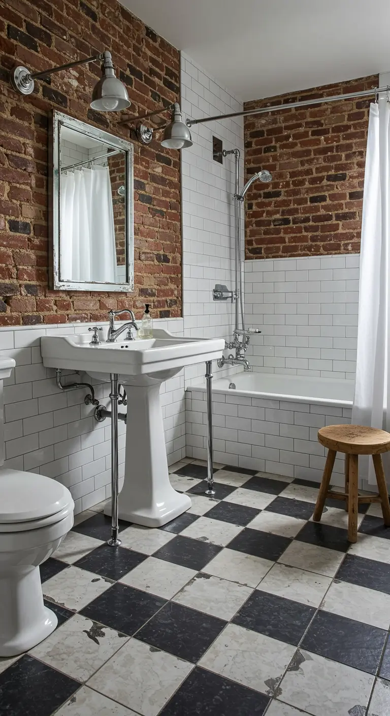 Bathroom with an exposed brick wall, subway tile, and a weathered checkerboard floor.