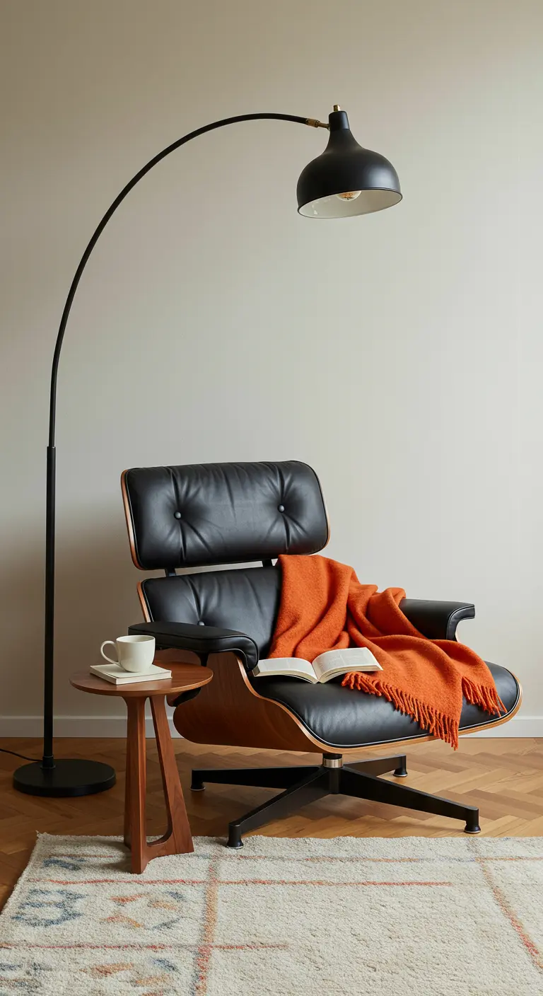 Black Eames-style lounge chair with a bright orange throw blanket and an arc lamp.