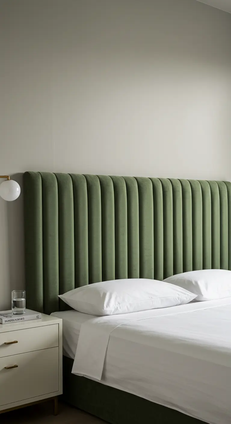 Bedroom featuring a tall, vertically channeled velvet headboard in a deep sage green.