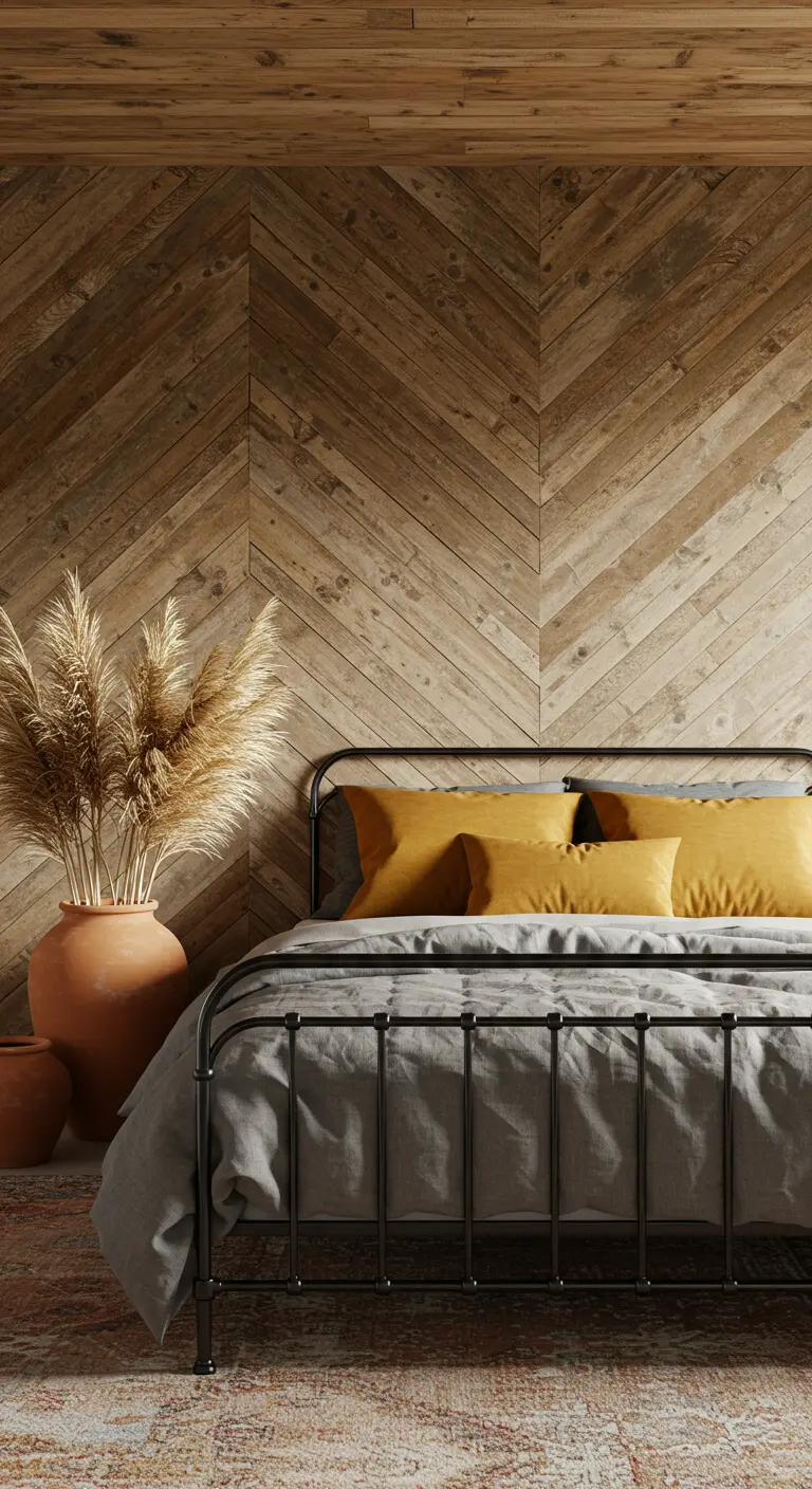 Bedroom with a chevron-patterned reclaimed wood wall and an iron bed.