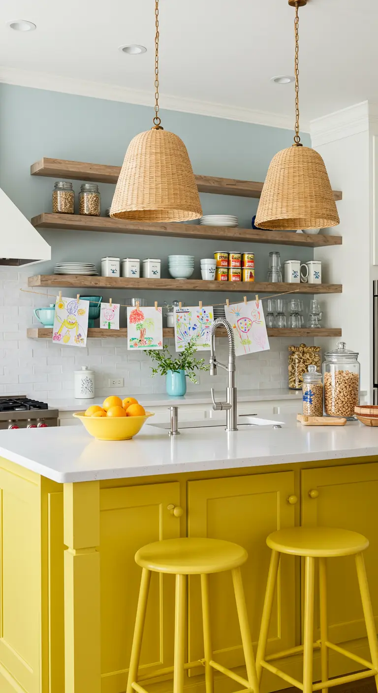 A bright kitchen with a yellow island, two woven pendants, and kids' art on display.