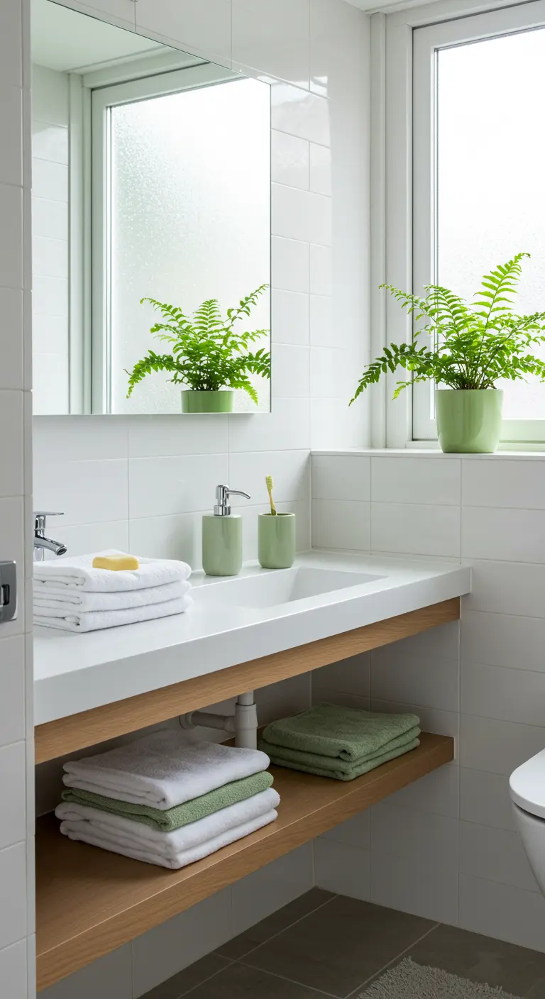 White bathroom with a floating wood shelf holding towels and pale green accessories.