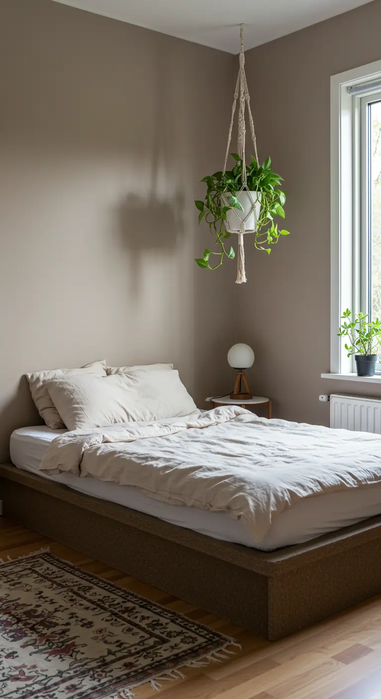 Calm, neutral bedroom with a macrame hanging planter in the corner above the nightstand.