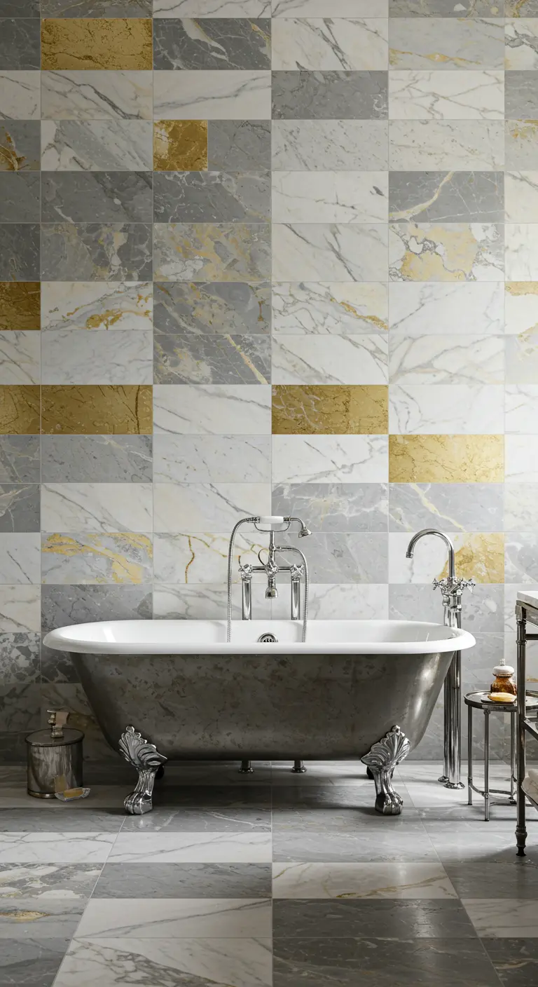 Luxurious bathroom with marble and gold tiles and a metallic clawfoot tub.