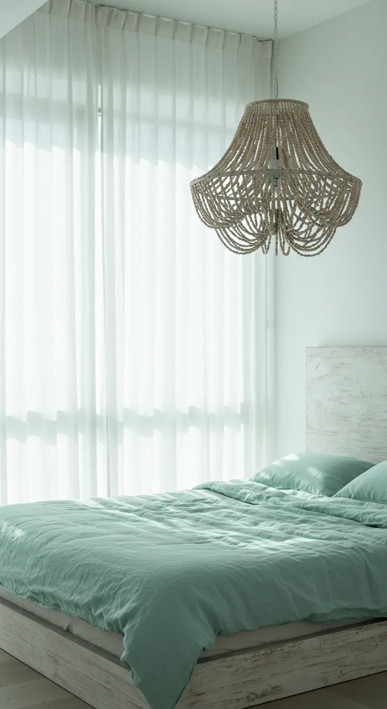 Airy bedroom with a large wooden beaded chandelier and light green bedding.