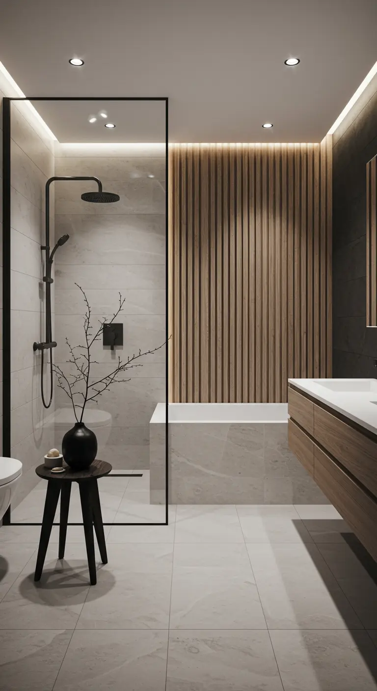 Modern bathroom with a vertical wood slat accent wall behind the bathtub.