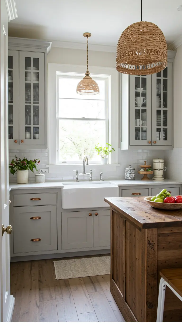 Farmhouse kitchen with gray cabinets, a wood island, and two woven rattan pendants.