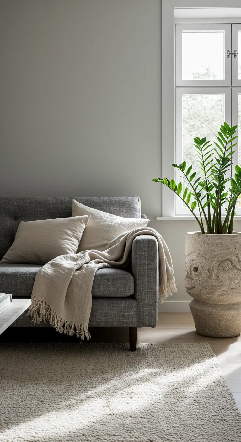 Gray sofa against a sage green wall with a unique, face-carved stone planter.