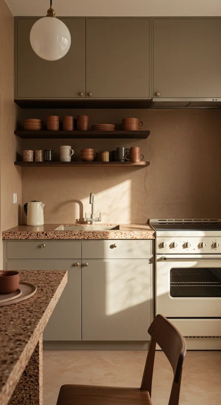 A small kitchen with beige cabinets, a globe pendant light, and speckled terrazzo countertops.