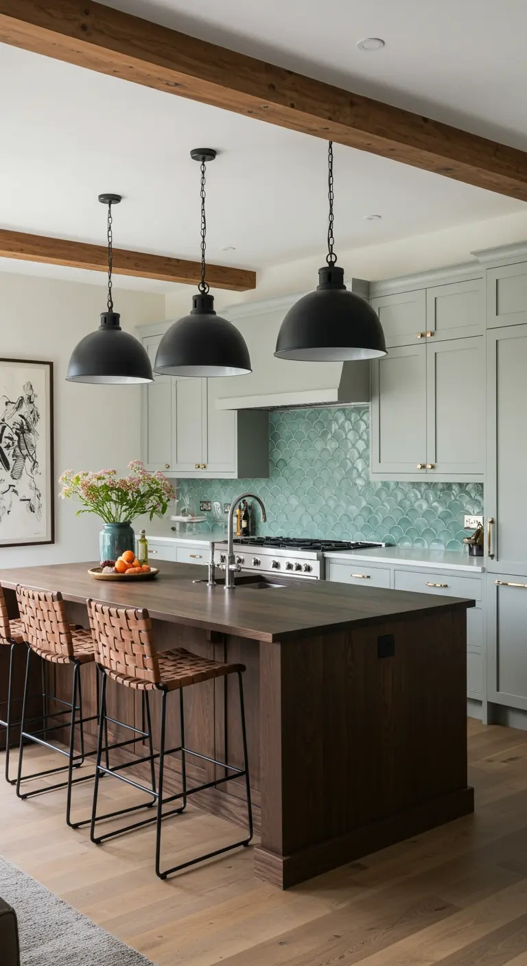 Kitchen with sage cabinets, dark wood island, and a light blue fish scale tile backsplash.