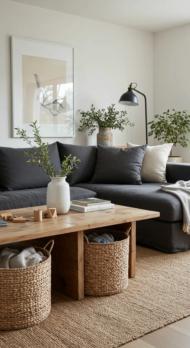 A dark gray sofa with a rustic wood coffee table that has large woven storage baskets underneath.