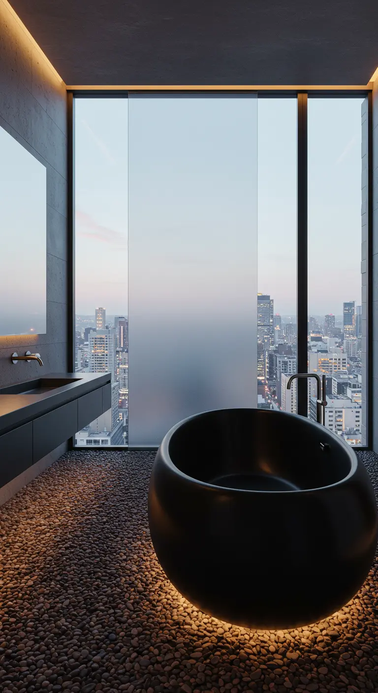 A round black tub sits on a pebble floor before a city view, partially obscured by a frosted panel.