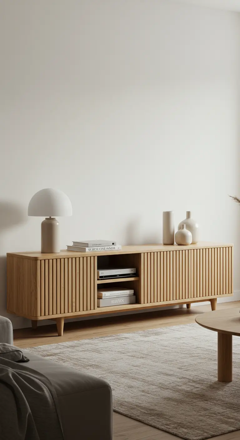 A light oak media console with fluted cabinet doors, styled with white ceramic lamps and vases.