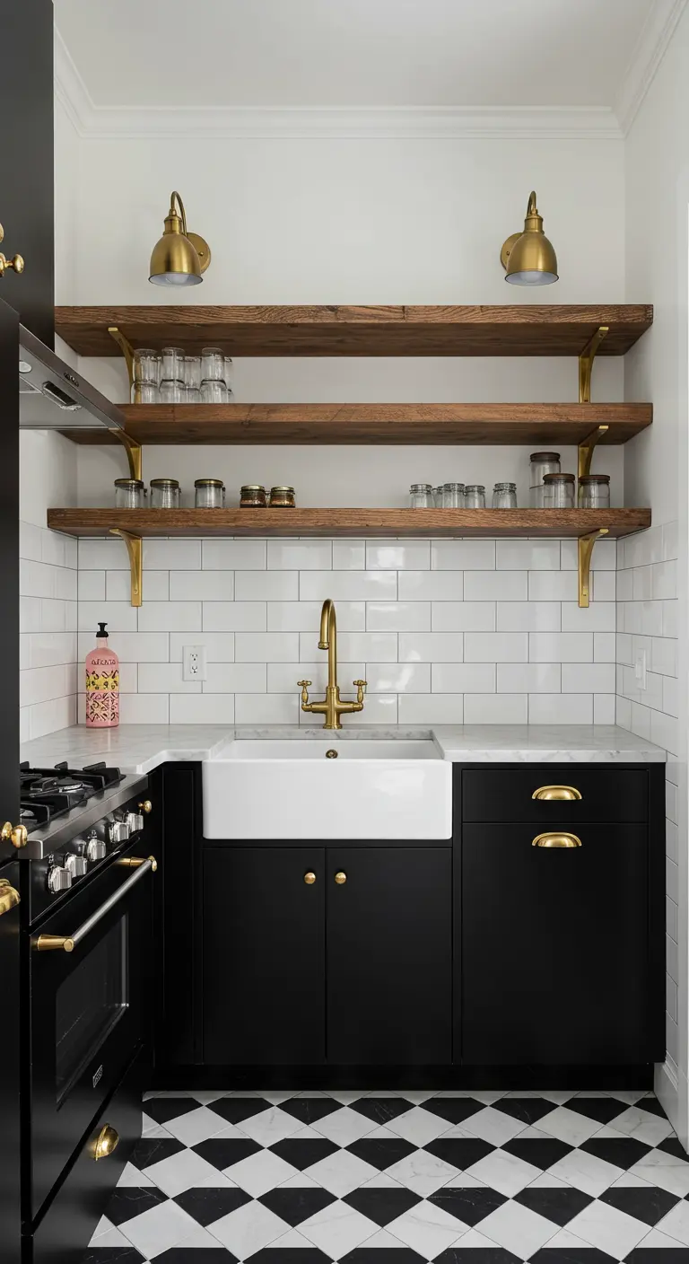 Kitchen with black cabinets, white subway tile, and rustic wood open shelving.