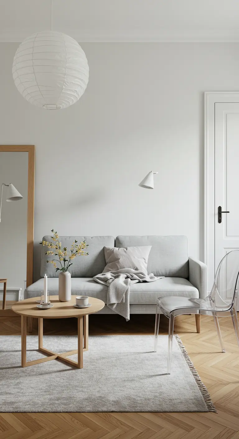 A transparent acrylic chair sits beside a gray sofa and round oak coffee table.