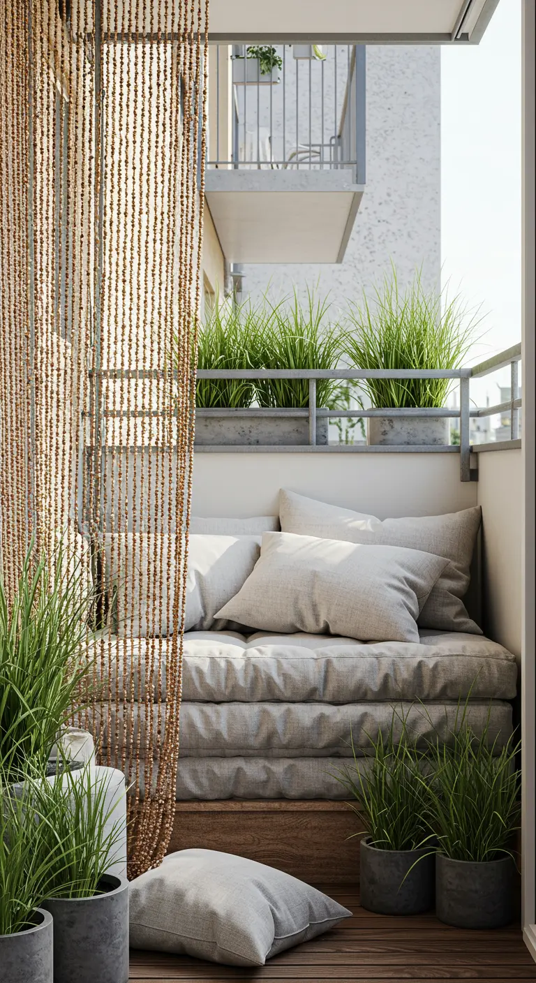 A calm balcony with stacked gray cushions, grasses in concrete pots, and a beaded curtain.