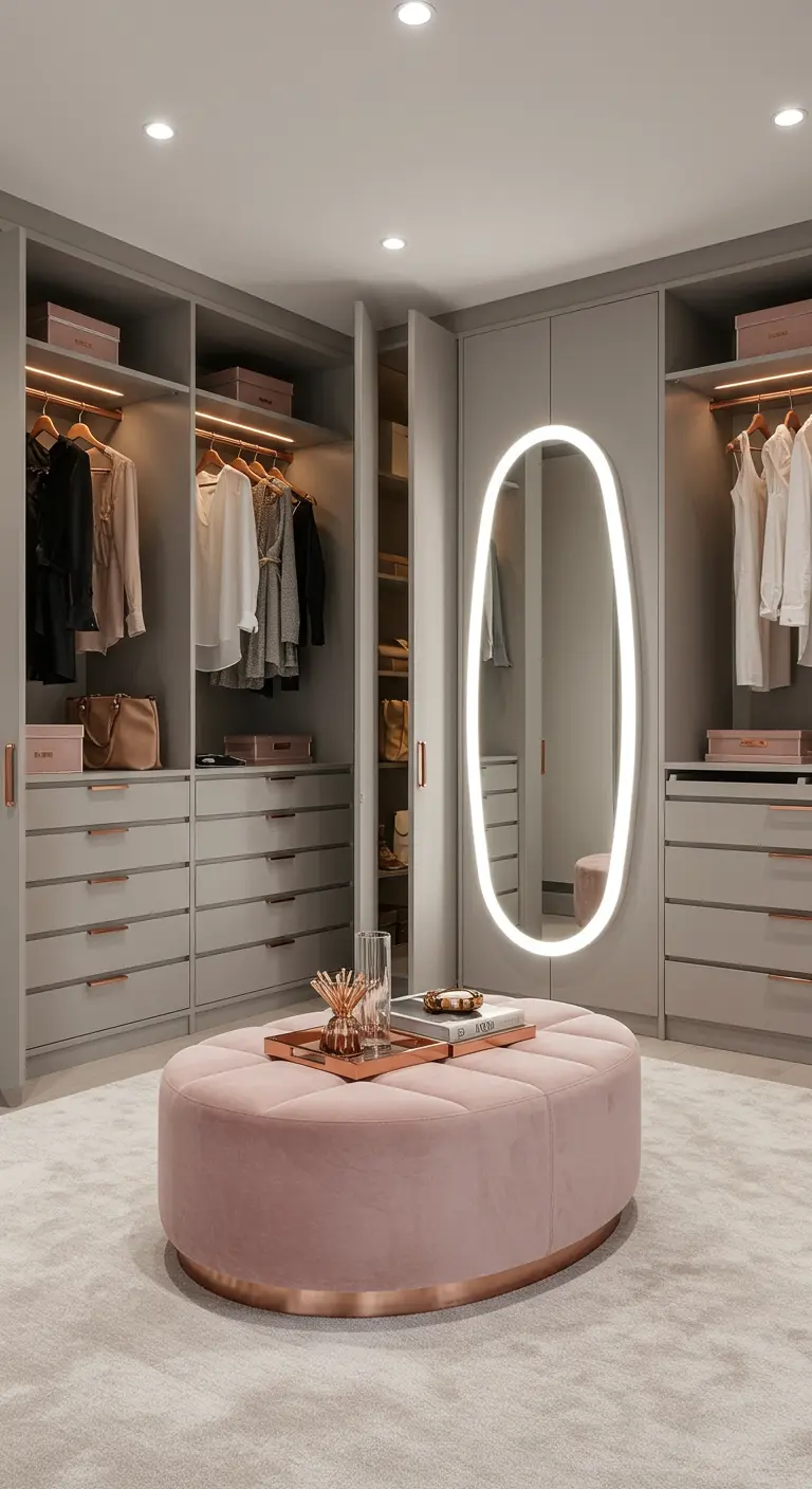Walk-in closet with gray built-ins, a pink velvet ottoman, and a large backlit mirror.