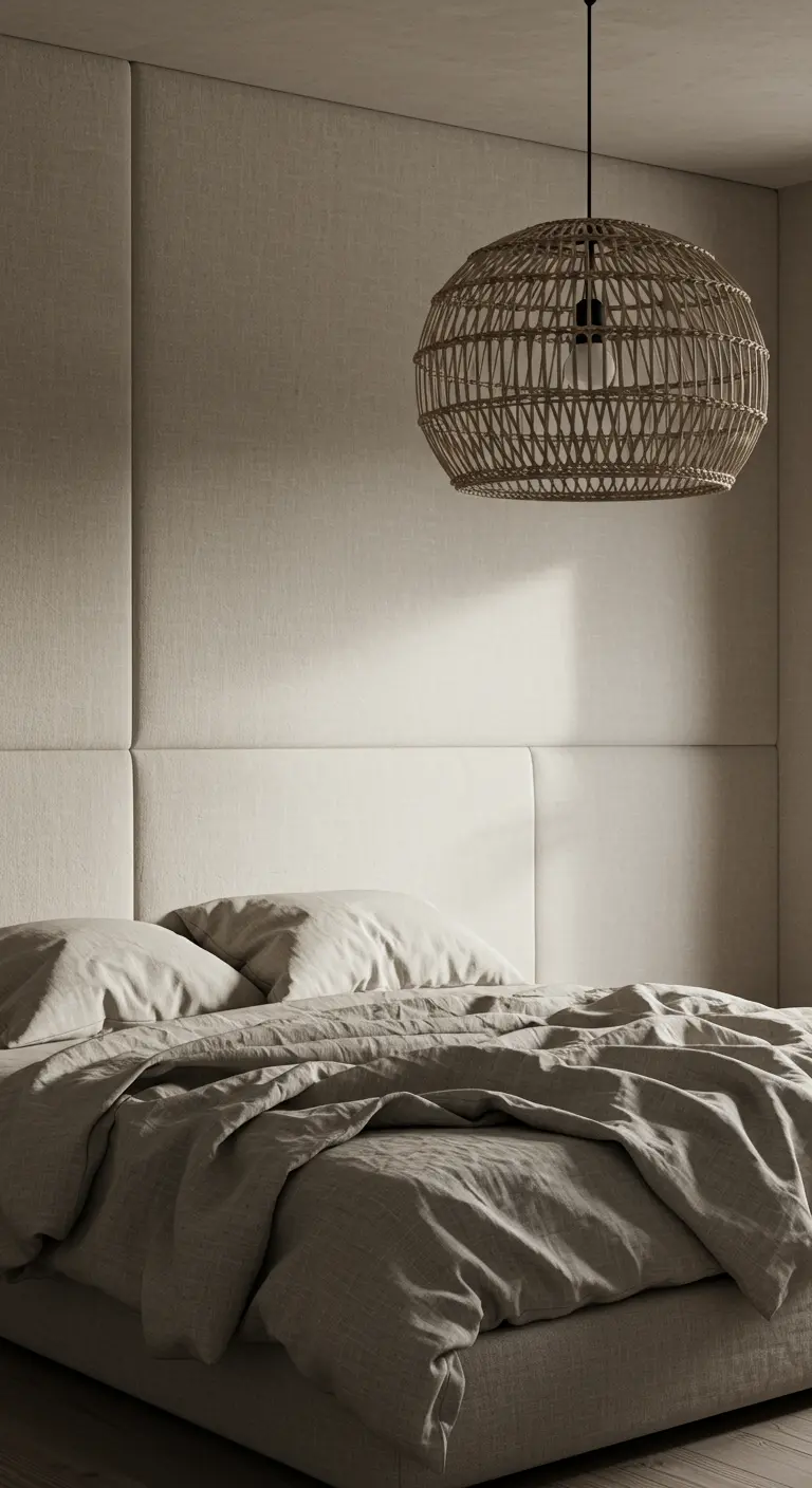 Neutral bedroom with fabric-paneled walls and a large woven rattan pendant light.