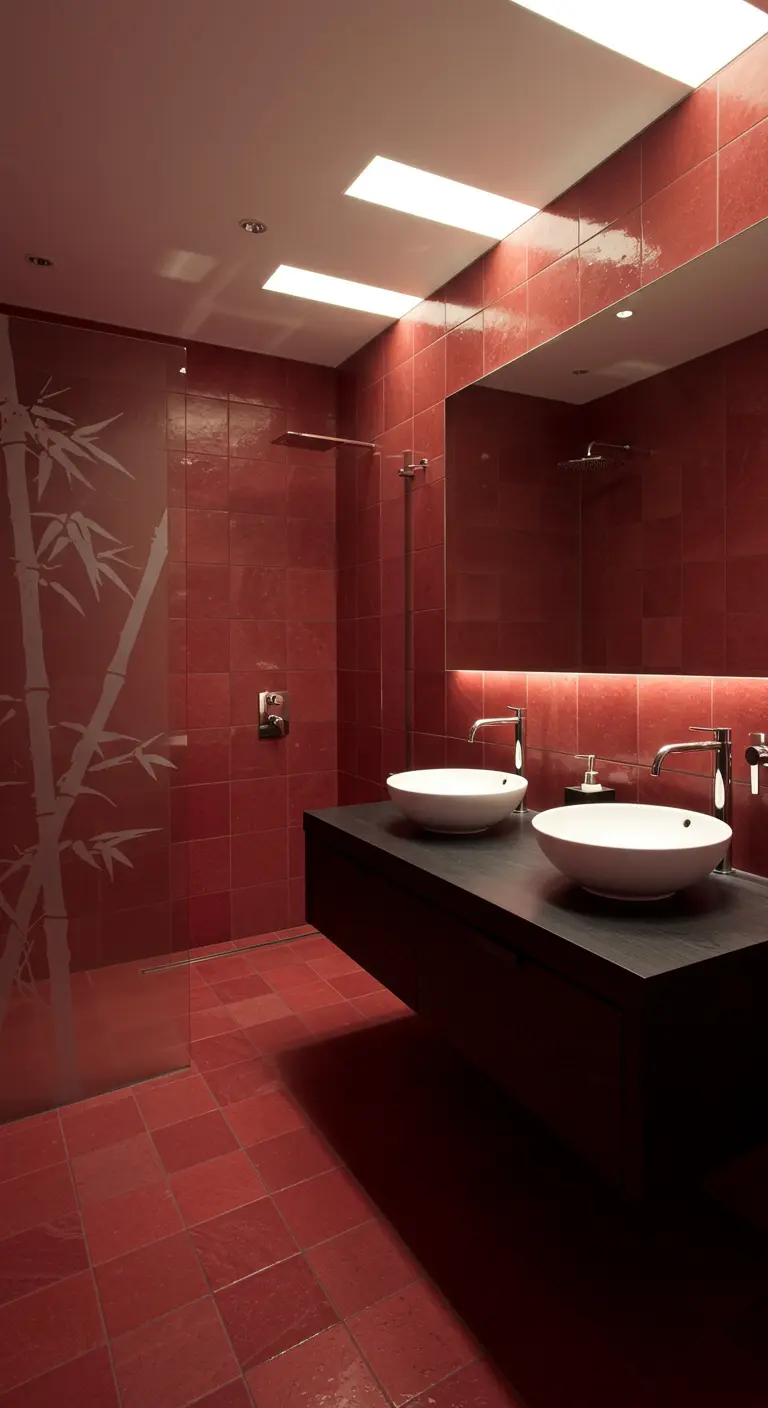 A bathroom with glossy red tiles and a glass shower screen etched with a bamboo stalk design.
