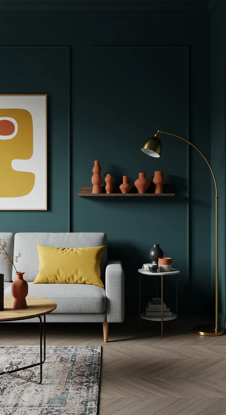 Living room with deep teal walls featuring tonal moulding and a shelf of terracotta pottery.