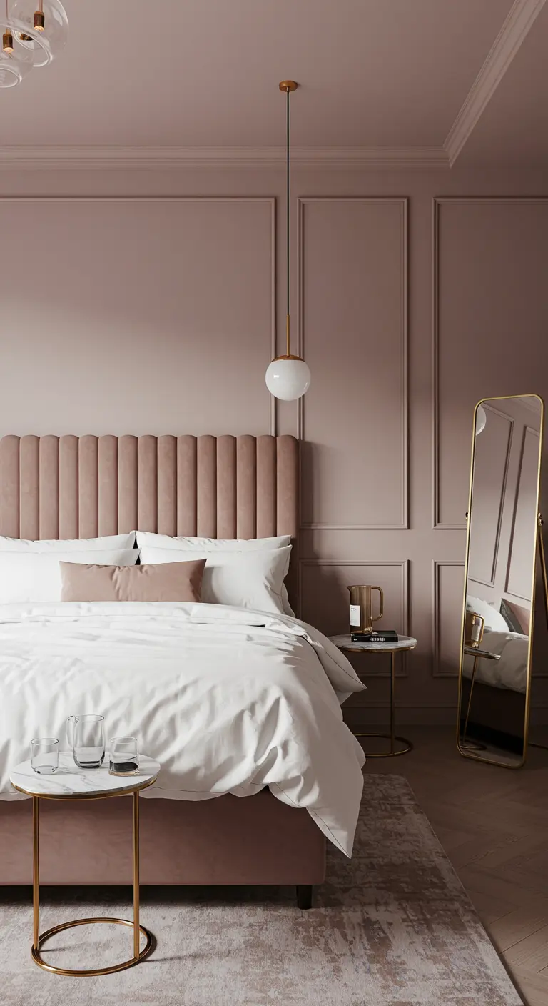 Bedroom with dusty rose walls featuring tonal moulding and a tufted headboard.