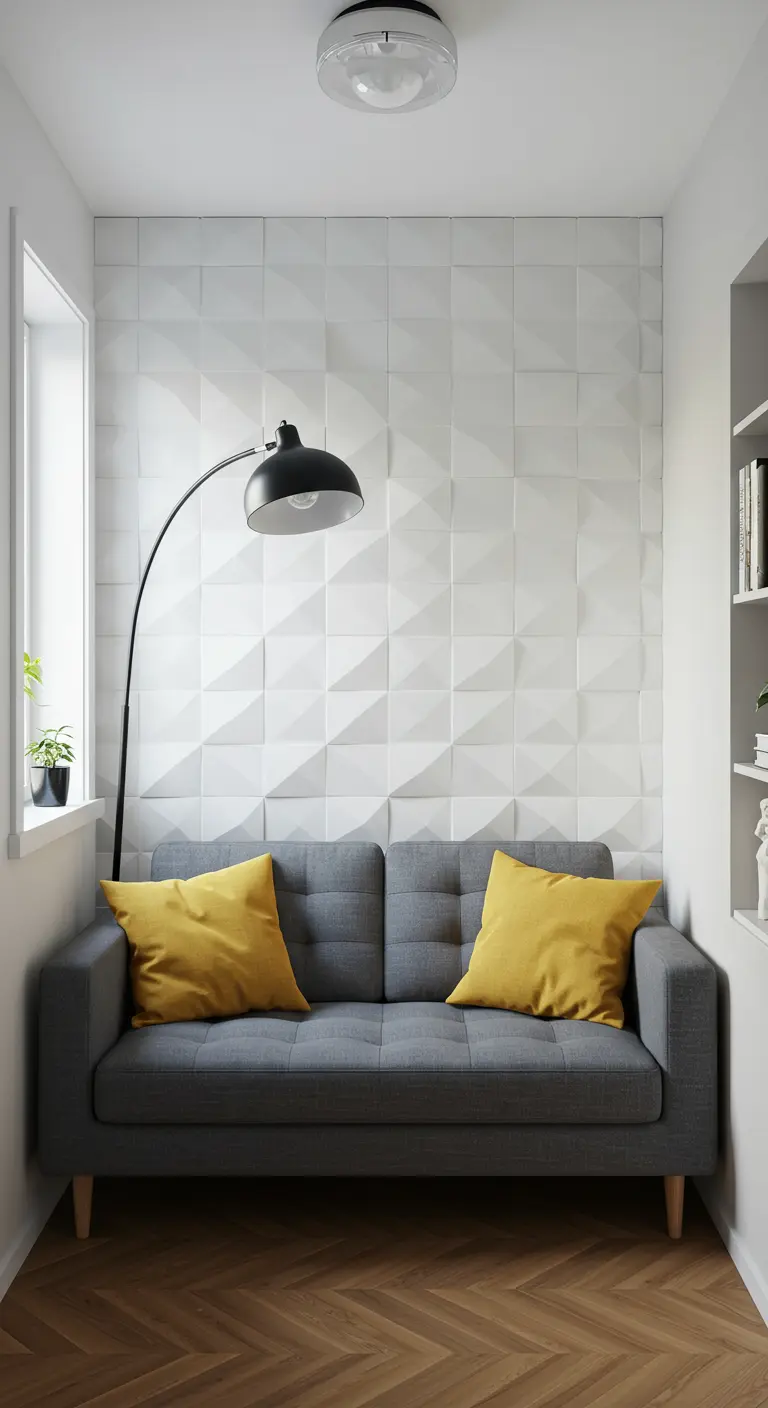 White geometric 3D wall panels behind a grey sofa in a small room.