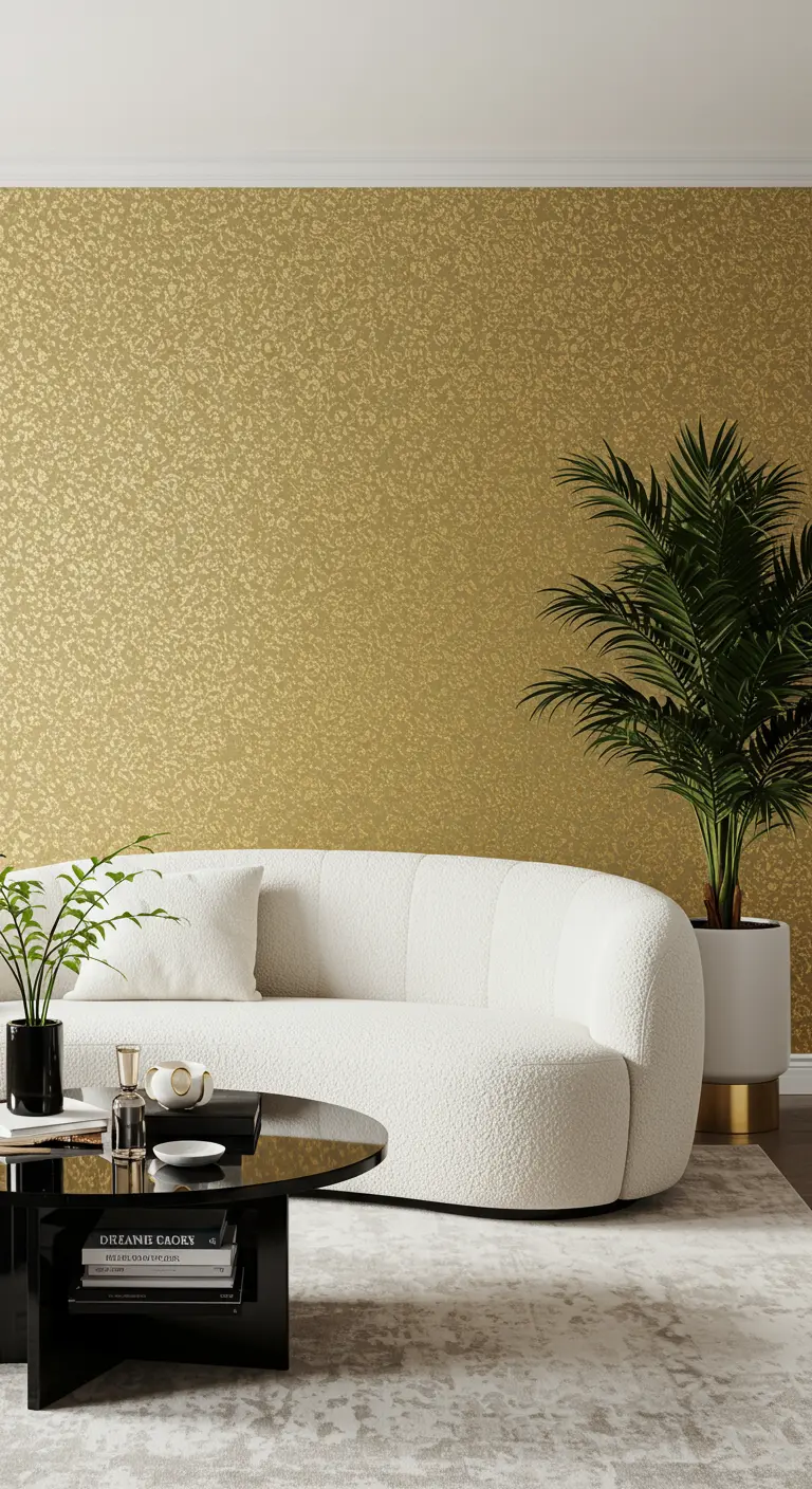 Elegant living room with a textured gold wallpaper behind a curved white bouclé sofa.
