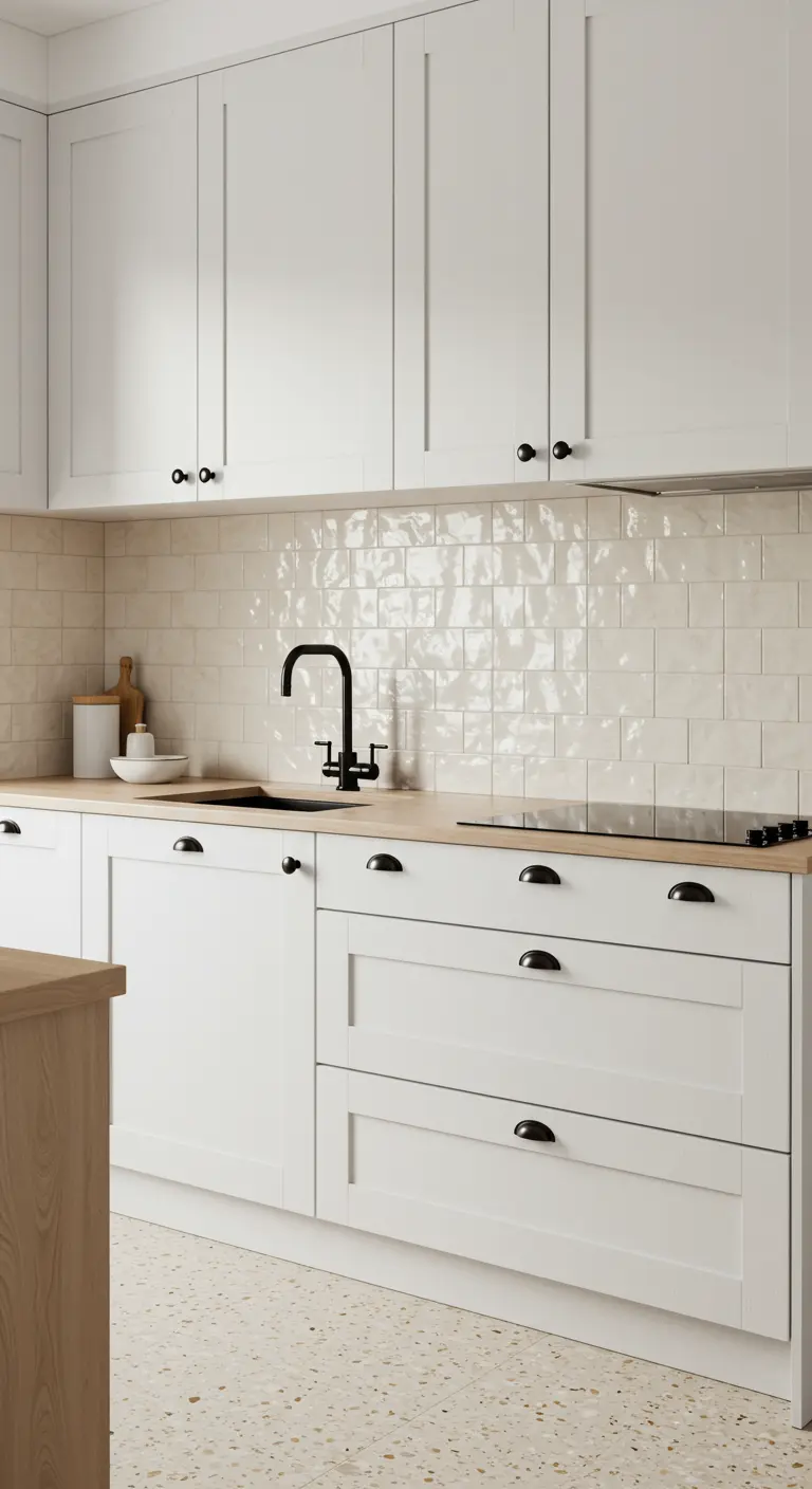 White kitchen with a glossy, irregular tile backsplash and matte black cup pulls on drawers.