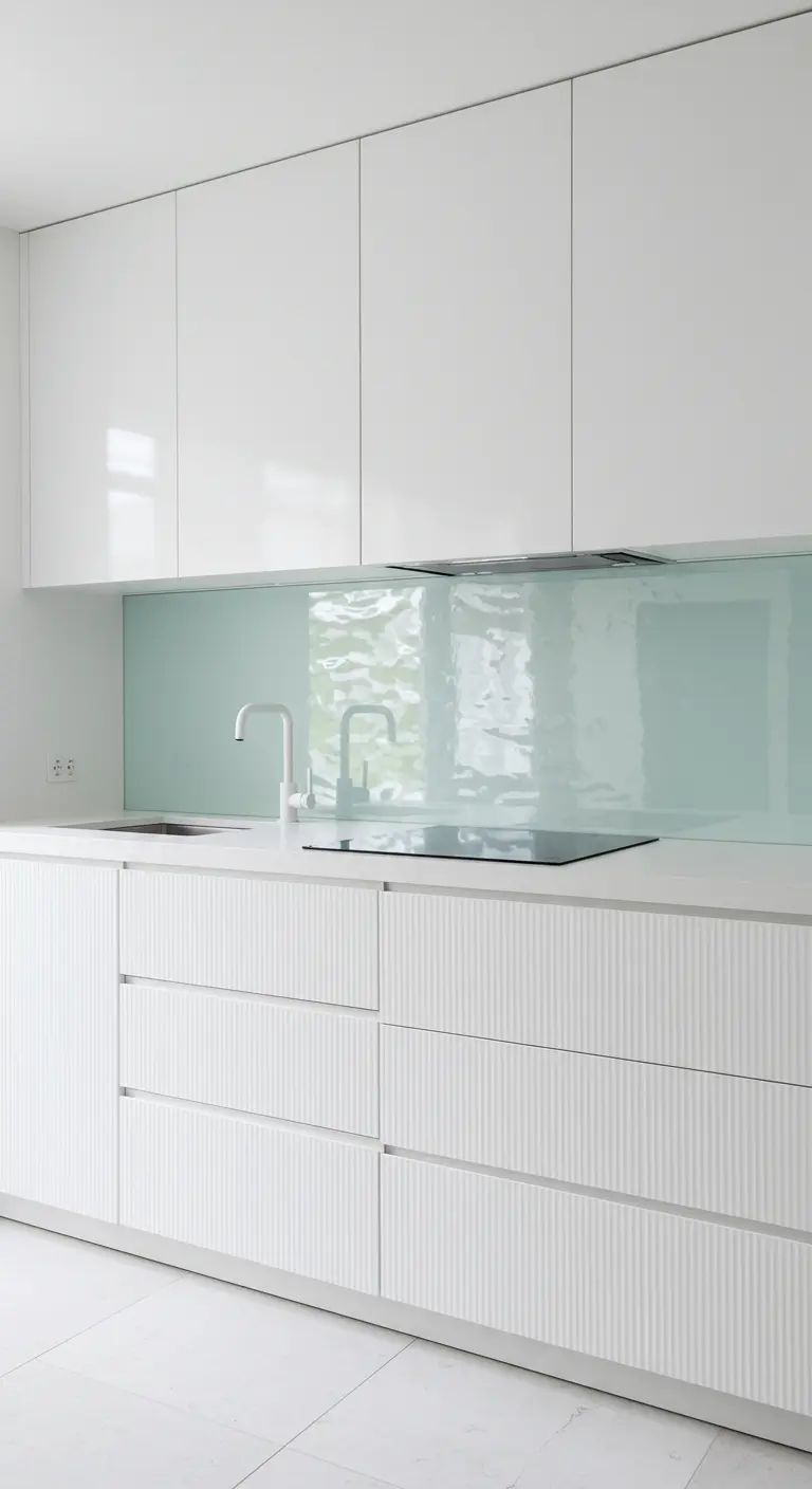 Close-up of minimalist white kitchen drawers with a subtle, fluted vertical texture.