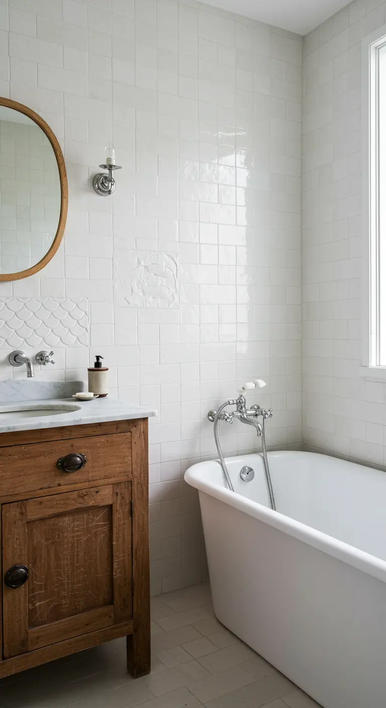 All-white bathroom with a mix of textured and smooth tiles and a rustic wood vanity.