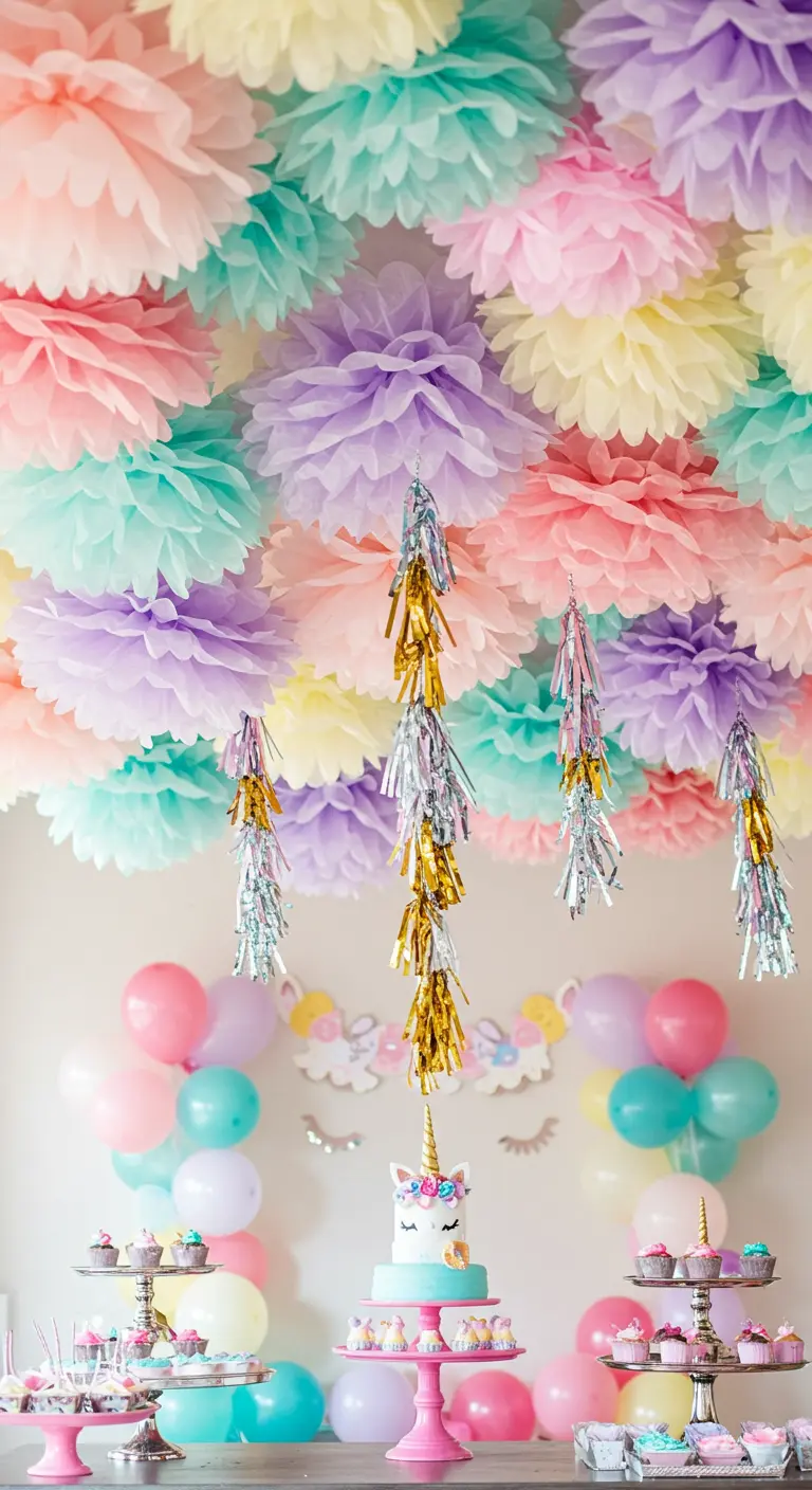 Pastel pom-poms with gold and silver tassels hanging over a unicorn-themed dessert table.