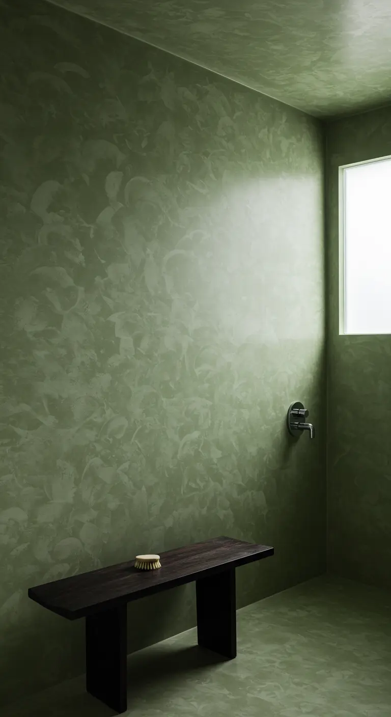 A minimalist shower room with walls covered in a textured sage green limewash finish.