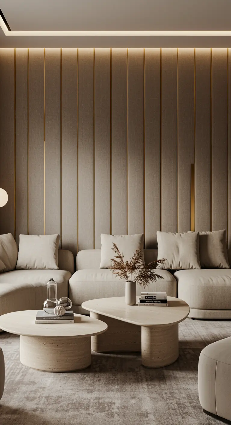A neutral living room with a fabric-paneled accent wall featuring vertical brass inlays.