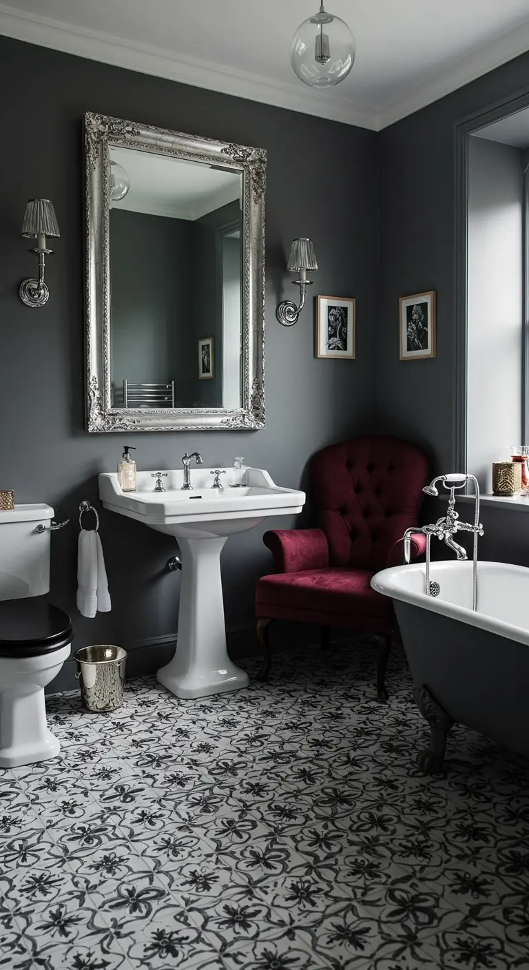 Dark gray bathroom with a burgundy armchair and large silver ornate mirror.