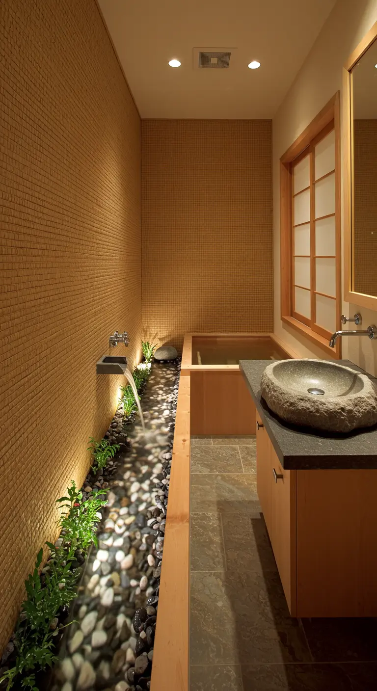 Bathroom with a narrow water feature of rocks and plants running alongside the tub.